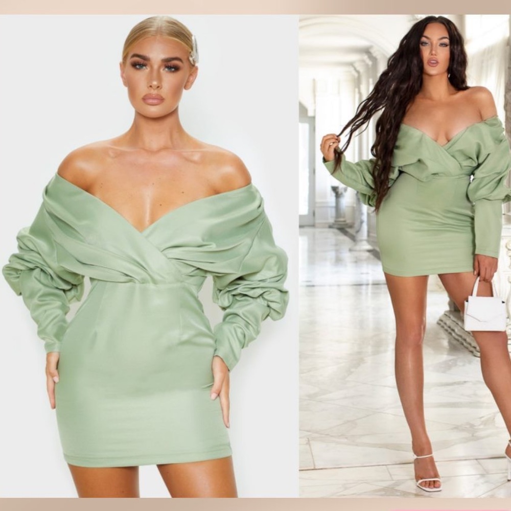 Sage green off the shoulder dress PLT